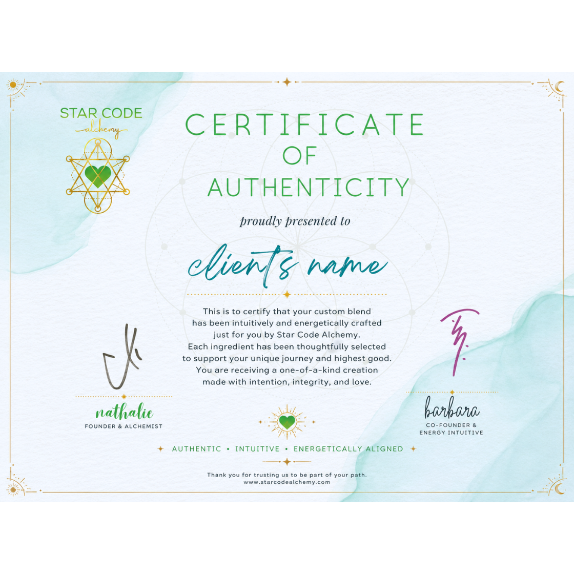 Certificate of authenticity example — STAR CODE Alchemy