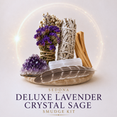 Deluxe Lavender Crystal Sage Smudge Kit with crystals, feathers, and smudge sticks inside a clear sphere on a light background.