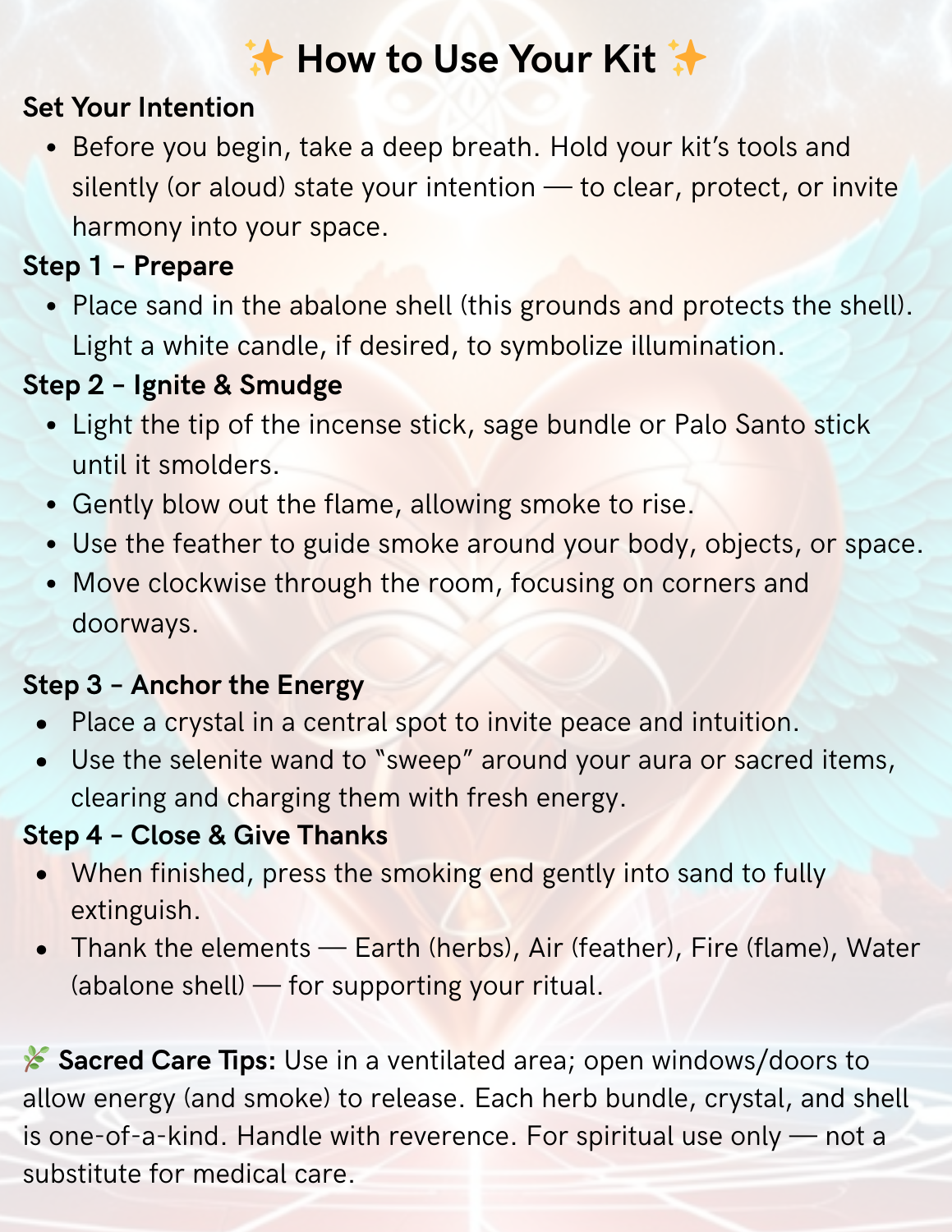 Instructions on how to use a kit for setting intention, preparing, igniting, anchoring energy, and closing with gratitude.