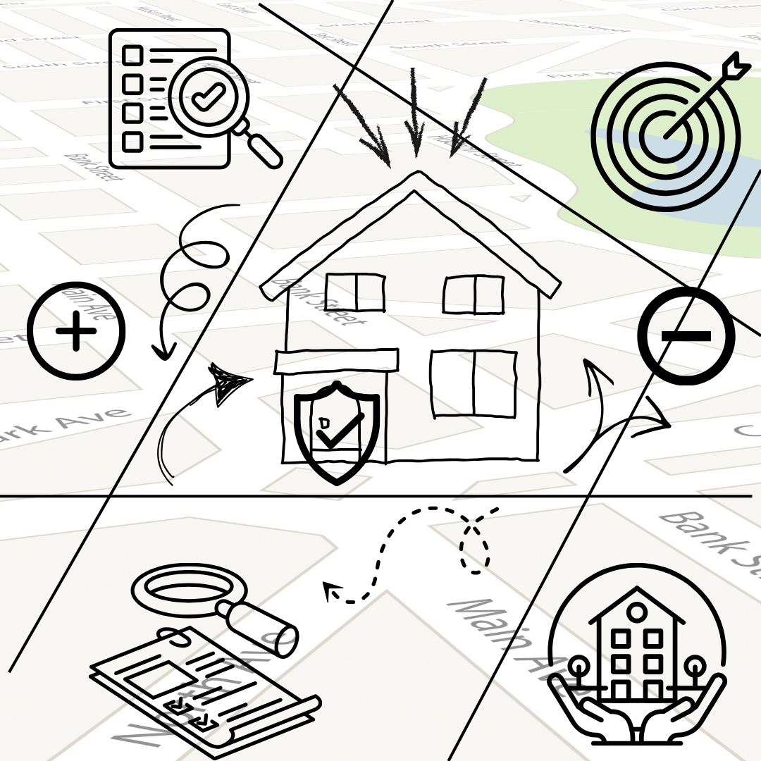 Illustrations of a house, magnifying glass, shield, and other symbols on a map-like background.